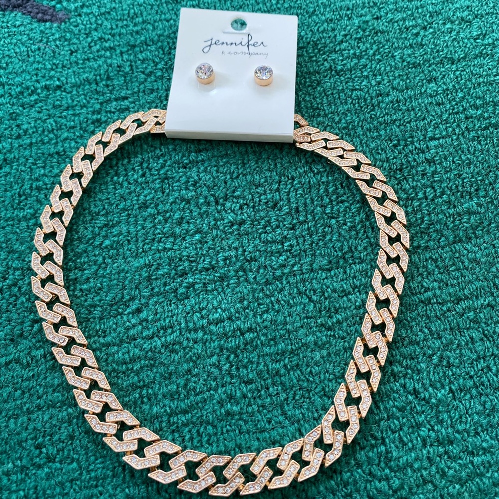 Goldtone Pave Rhinestone Necklace and Stud Earring Set